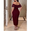 image:imageFloerns Womens Plus Size Ruffle Off The Shoulder Midi Dress Ruched Bodycon Split Night Out DressesBurgundy
