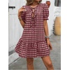 image:imageFloerns Womens Summer Puff Sleeve Gingham Ruffle Dress Tie Front Flared Short DressesRed and White