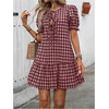 image:imageFloerns Womens Summer Puff Sleeve Gingham Ruffle Dress Tie Front Flared Short DressesRed and White