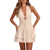 image:imageFloerns Womens Deep V Neck Halter Mini Dresses Asymmetrical Layered DressApricot