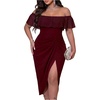 image:imageFloerns Womens Plus Size Ruffle Off The Shoulder Midi Dress Ruched Bodycon Split Night Out DressesBurgundy