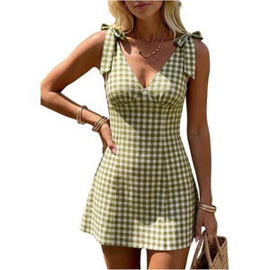 image:imageFloerns Women Summer Gingham Backless Bow Tie Casual Vacation Mini DressesGreen Plaid