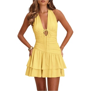 image:imageFloerns Womens Deep V Neck Halter Mini Dresses Asymmetrical Layered DressYellow