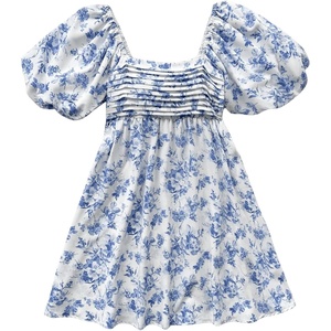 image:imageFloerns Womens Floral Dress Puff Sleeve Square Neck Mini DressesBlue and White