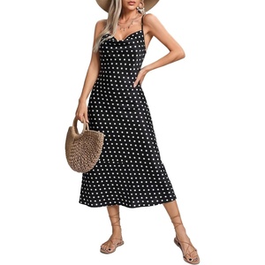 image:imageFloerns Womens Leopard Print Draped Collar Spaghetti Strap Cami Long DressBlack Polka Dots