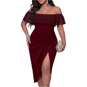 image:imageFloerns Womens Plus Size Ruffle Off The Shoulder Midi Dress Ruched Bodycon Split Night Out DressesBurgundy