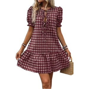 image:imageFloerns Womens Summer Puff Sleeve Gingham Ruffle Dress Tie Front Flared Short DressesRed and White