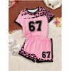 image:imageFloerns Girls Two Piece Outfit Number Jersey T Shirt and Cheetah Print Track Shorts SetPink Multi