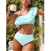 image:imageFloerns Womens 2 Piece Striped Bikini Set Ruffle Trim Swimsuit Beach Vacation Bathing SuitMint Blue