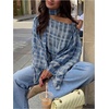 image:imageFloerns Womens Gingham Poncho Top Off The Shoulder Plaid Elegant BlouseDark Blue
