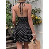 image:imageFloerns Womens Polka Dots Lace Mini Dress Spaghetti Strap Ruffle Night Out Party Dresses Black Polka Dots Small