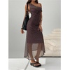 image:imageFloerns Womens Polka Dots Mesh Dress Off The Shoulder Asymmetric DressesBrown