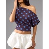 image:imageFloerns Womens Polka Dots Off Shoulder Crop Top Elegant BlouseBrown and Blue