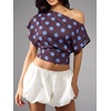 image:imageFloerns Womens Polka Dots Off Shoulder Crop Top Elegant BlouseBrown and Blue