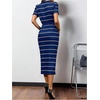 image:imageFloerns Womens Striped Midi Dress Short Sleeve Drawstring Waist Summer Work Casual DressesDark Blue