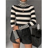 image:imageFloerns Womens Striped Print Long Sleeve Sweater Turtleneck Rib Knit Pullover TopsBlack and White