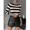 image:imageFloerns Womens Striped Print Long Sleeve Sweater Turtleneck Rib Knit Pullover TopsBlack and White