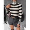 image:imageFloerns Womens Striped Print Long Sleeve Sweater Turtleneck Rib Knit Pullover TopsBlack and White