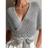 image:imageFloerns Womens Striped Sweater Short Sleeve Wrap V Neck Cropped CardiganBlack and White
