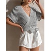 image:imageFloerns Womens Striped Sweater Short Sleeve Wrap V Neck Cropped CardiganBlack and White