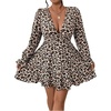 image:imageFloerns Womens Plus Size Cheetah Long Sleeve A Line Dresses V Neck Ruffle Hem Party DressBrown Multi