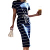 image:imageFloerns Womens Striped Midi Dress Short Sleeve Drawstring Waist Summer Work Casual DressesDark Blue
