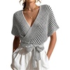 image:imageFloerns Womens Striped Sweater Short Sleeve Wrap V Neck Cropped CardiganBlack and White