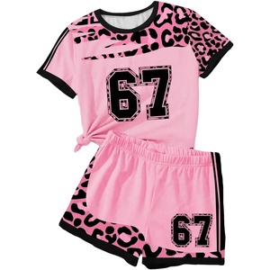image:imageFloerns Girls Two Piece Outfit Number Jersey T Shirt and Cheetah Print Track Shorts SetPink Multi