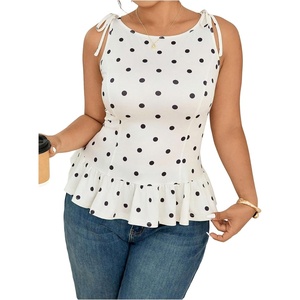 image:imageFloerns Women Plus Size Polka Dots Peplum Tie Shoulder Going Out Tank TopsBlack and White