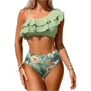 image:imageFloerns Womens 2 Piece Striped Bikini Set Ruffle Trim Swimsuit Beach Vacation Bathing SuitGreen Floral
