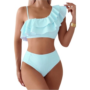 image:imageFloerns Womens 2 Piece Striped Bikini Set Ruffle Trim Swimsuit Beach Vacation Bathing SuitMint Blue