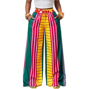 image:imageFloerns Womens Color Block Striped Palazzo Pants Elastic Waist Wide Leg Summer Trousers with PocketsGreen Multi