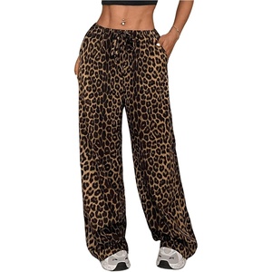 image:imageFloerns Womens Drawstring Waist Leopard Print Trousers Tie Front Wide Leg PantsCoffee Brown