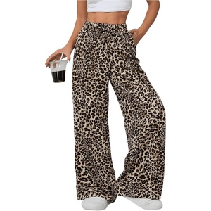 image:imageFloerns Womens Drawstring Waist Leopard Print Trousers Tie Front Wide Leg PantsDark Brown