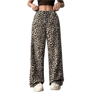 image:imageFloerns Womens Drawstring Waist Leopard Print Trousers Tie Front Wide Leg PantsKhaki