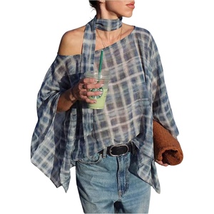 image:imageFloerns Womens Gingham Poncho Top Off The Shoulder Plaid Elegant BlouseDark Blue