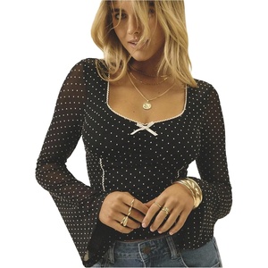 image:imageFloerns Womens Going Out Polka Dots Bell Sleeve T Shirts Square Neck See Through Cute Tee TopsBlack and White
