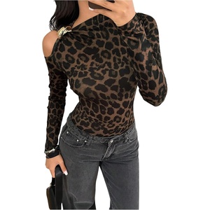 image:imageFloerns Womens Leopard Cold Shoulder Top Asymmetrical Long Sleeve T ShirtsBrown