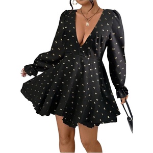 image:imageFloerns Womens Plus Size Cheetah Long Sleeve A Line Dresses V Neck Ruffle Hem Party DressBlack