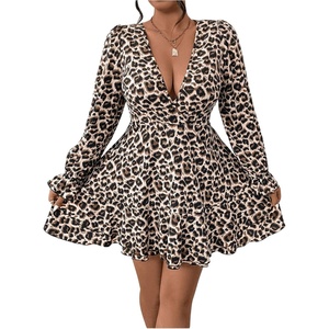 image:imageFloerns Womens Plus Size Cheetah Long Sleeve A Line Dresses V Neck Ruffle Hem Party DressBrown Multi