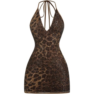 image:imageFloerns Womens Plus Size Leopard Sequin Halter Dress Bodycon Mini DressesBrown Leopard