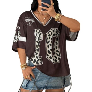 image:imageFloerns Womens Plus Size Y2k Jersey Shirts Leopard Number V Neck TeesBrown