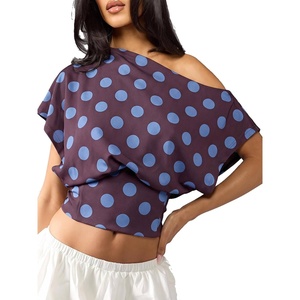 image:imageFloerns Womens Polka Dots Off Shoulder Crop Top Elegant BlouseBrown and Blue