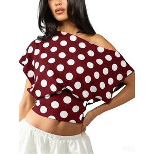 image:imageFloerns Womens Polka Dots Off Shoulder Crop Top Elegant BlouseBurgundy