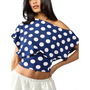 image:imageFloerns Womens Polka Dots Off Shoulder Crop Top Elegant BlouseDark Blue