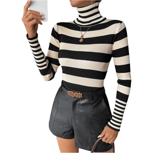 image:imageFloerns Womens Striped Print Long Sleeve Sweater Turtleneck Rib Knit Pullover TopsBlack and White
