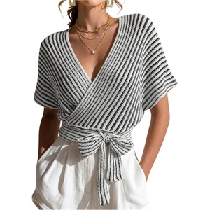 image:imageFloerns Womens Striped Sweater Short Sleeve Wrap V Neck Cropped CardiganBlack and White
