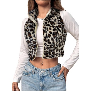 image:imageFloerns Womens Y2K Leopard Faux Fur Fuzzy Coat Zip Up Mock Neck Sleeveless Crop Vest JacketApricot