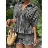 image:imageFloerns Womens 2 Piece Outfits Gingham Smocked Peplum Tops Mini Shorts SetBlack and White