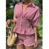 image:imageFloerns Womens 2 Piece Outfits Gingham Smocked Peplum Tops Mini Shorts SetRed
